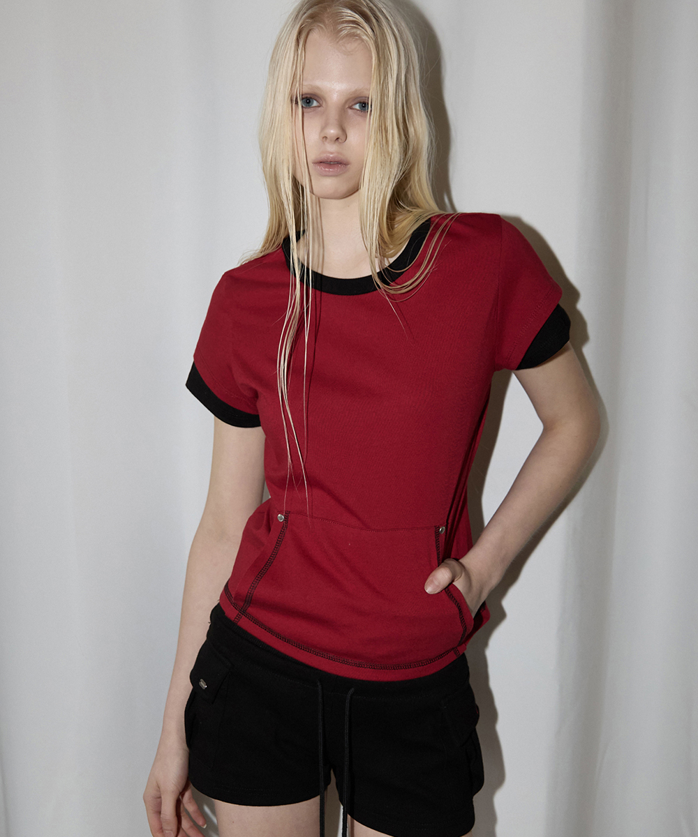 Stitch Pocket Layered T-Shirt Red