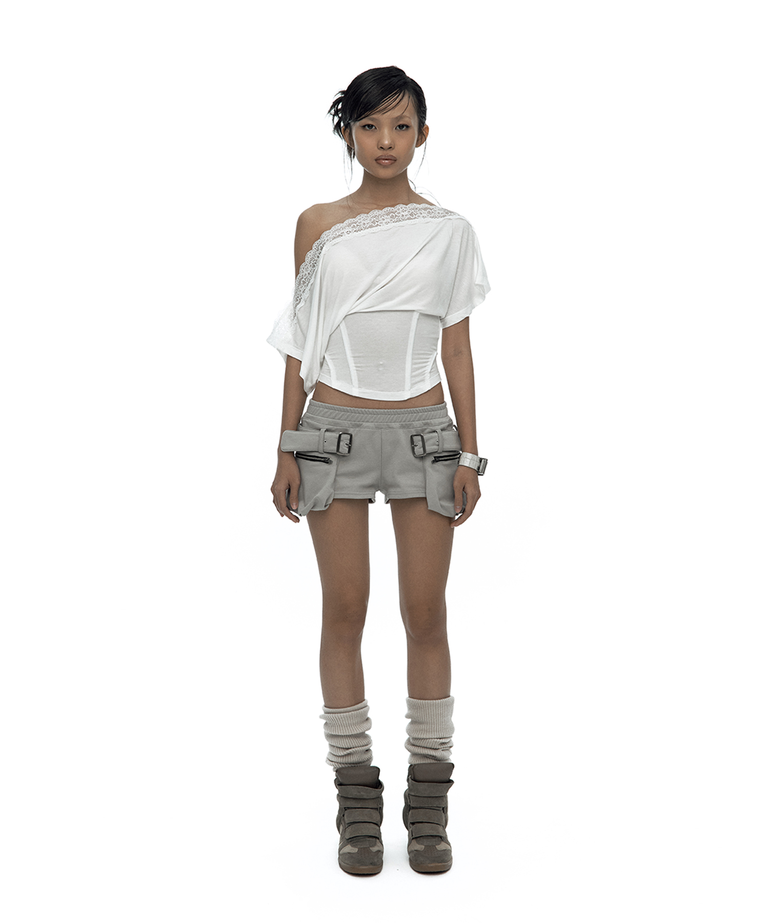Lace One Shoulder Corset Tee White