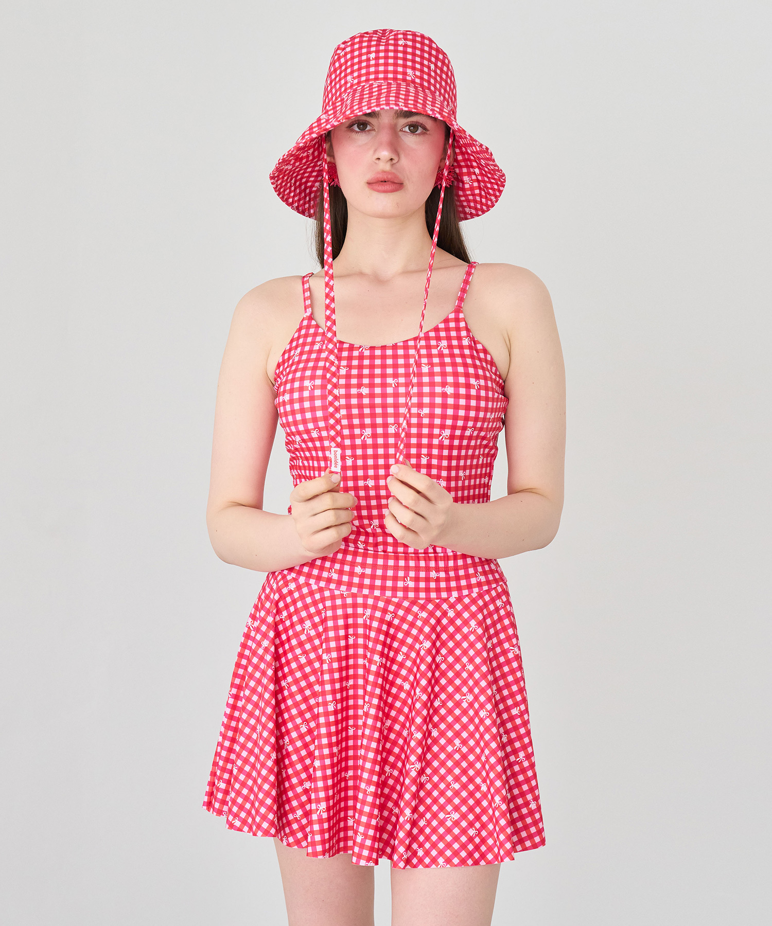 Beach Cardigan Swimsuit Set Check Red