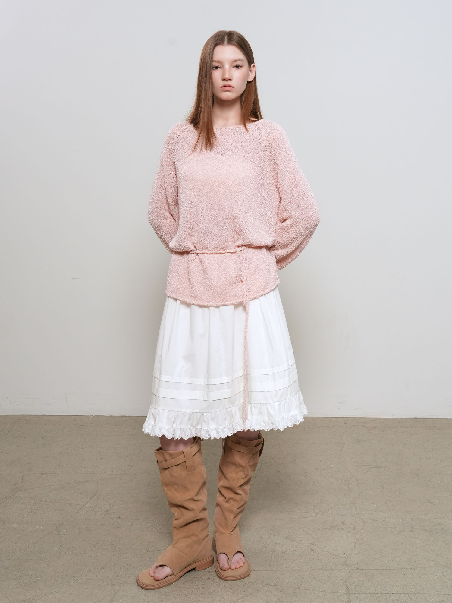 woman sheer boucle boat neck pullover [pink]
