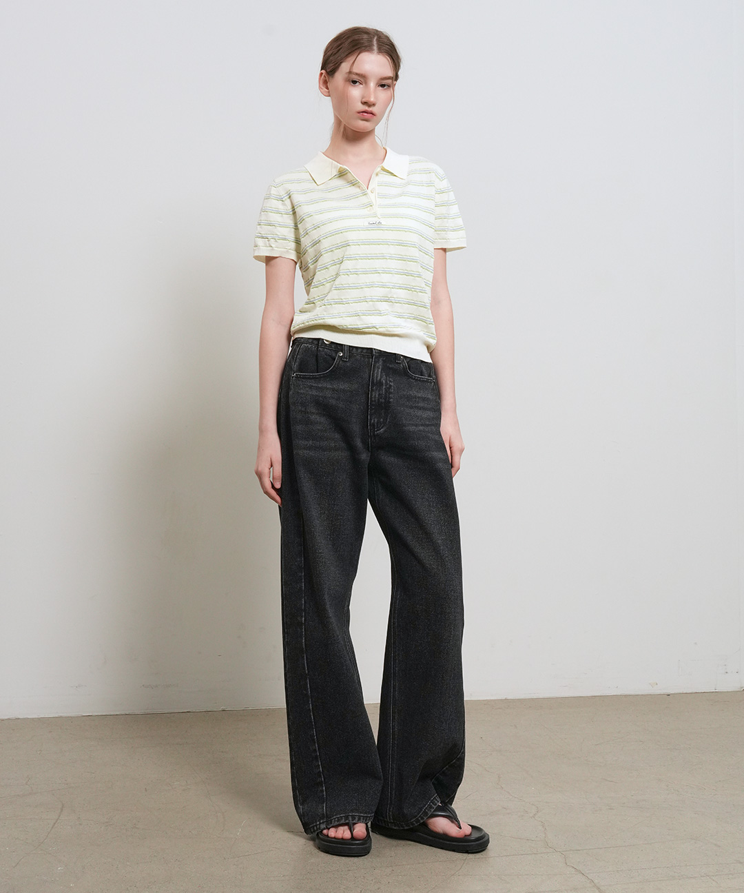 woman stripe collar half knit [ivory]