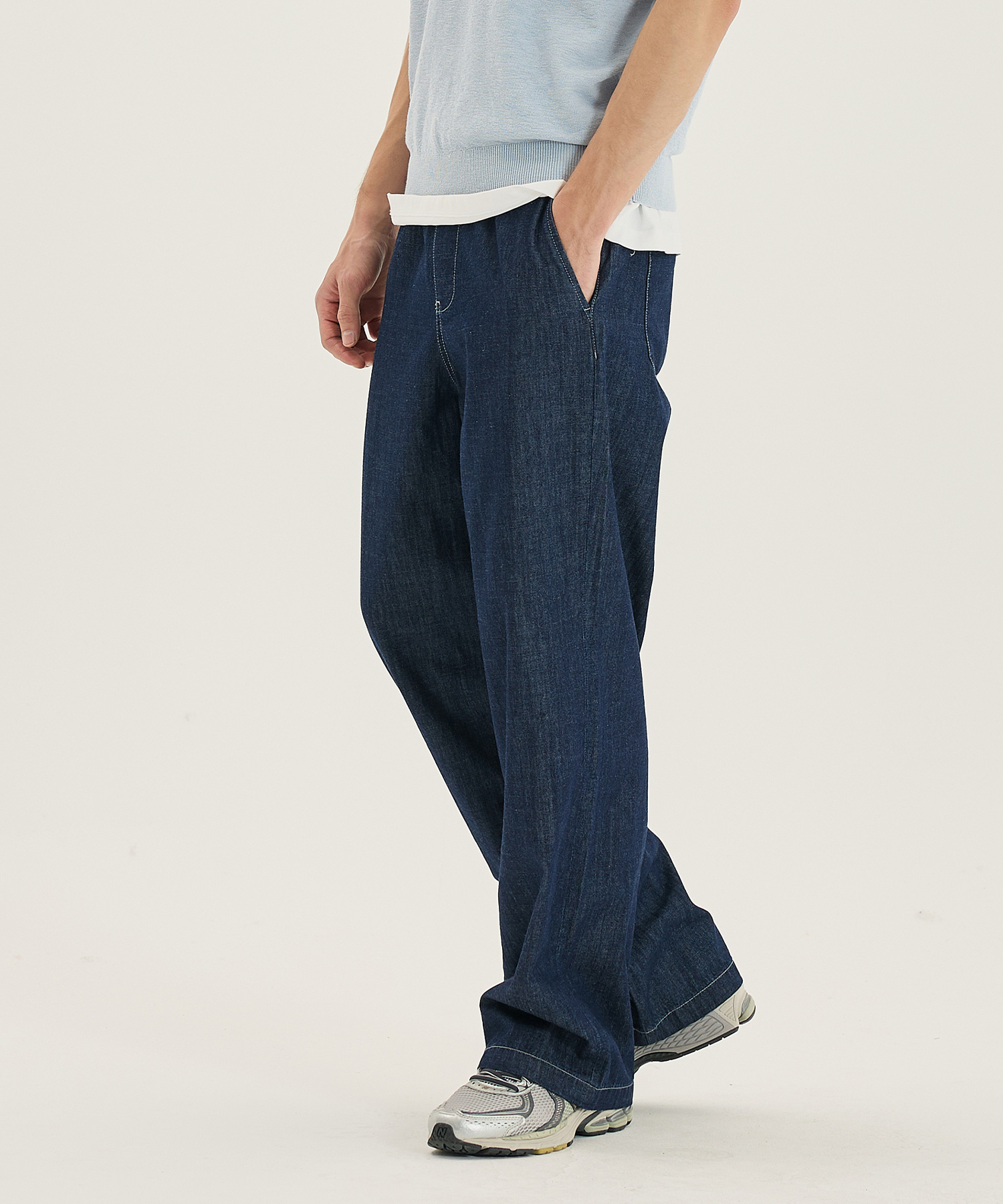 linen like full banding wide denim pants - 3color