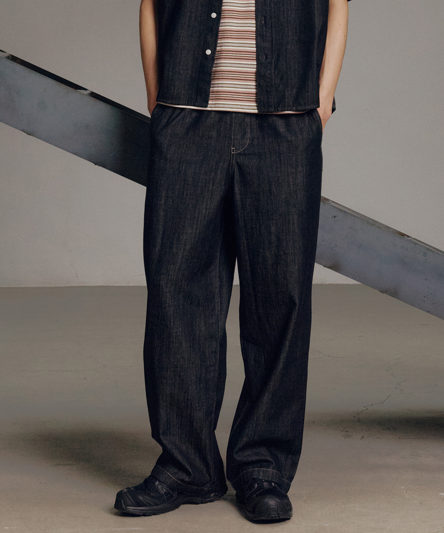 linen like full banding wide denim pants - 3color