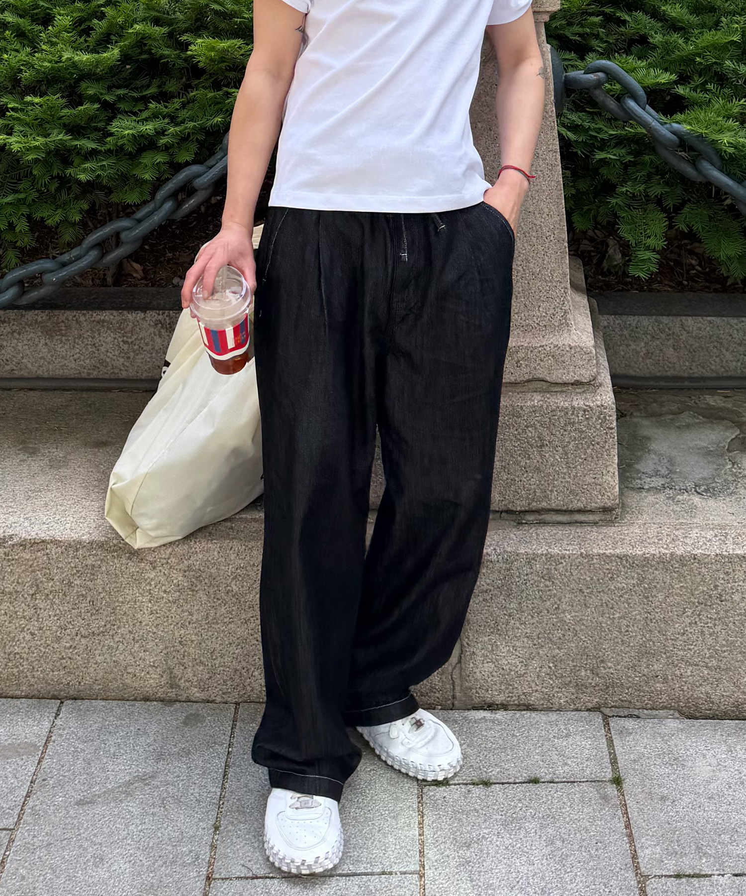 [SET][ON][denim or chino selection]wide one-tuck full-banding daily pants - 6color