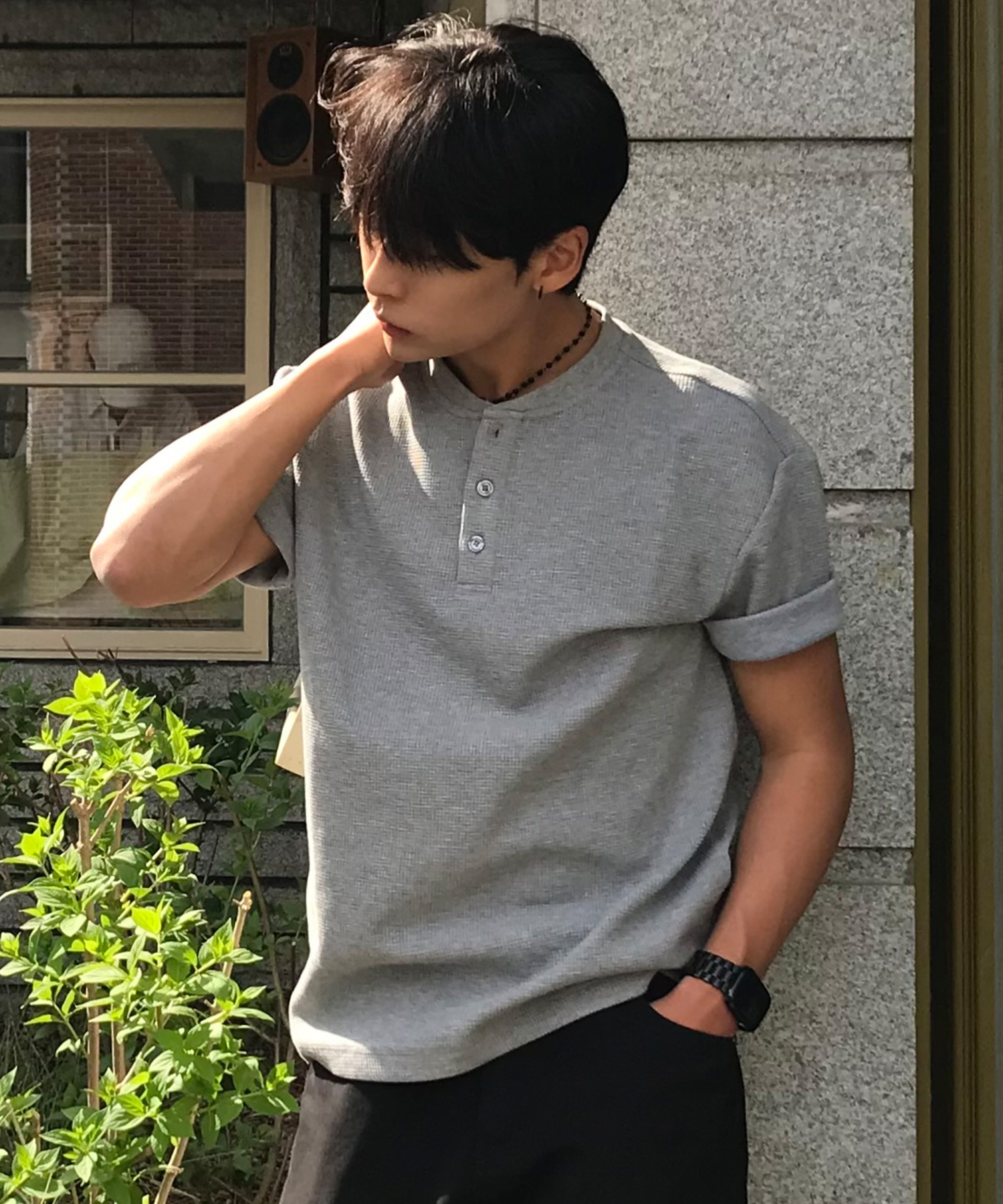 Waffle Henley Neck Daily Short Sleeve футболка - 3color