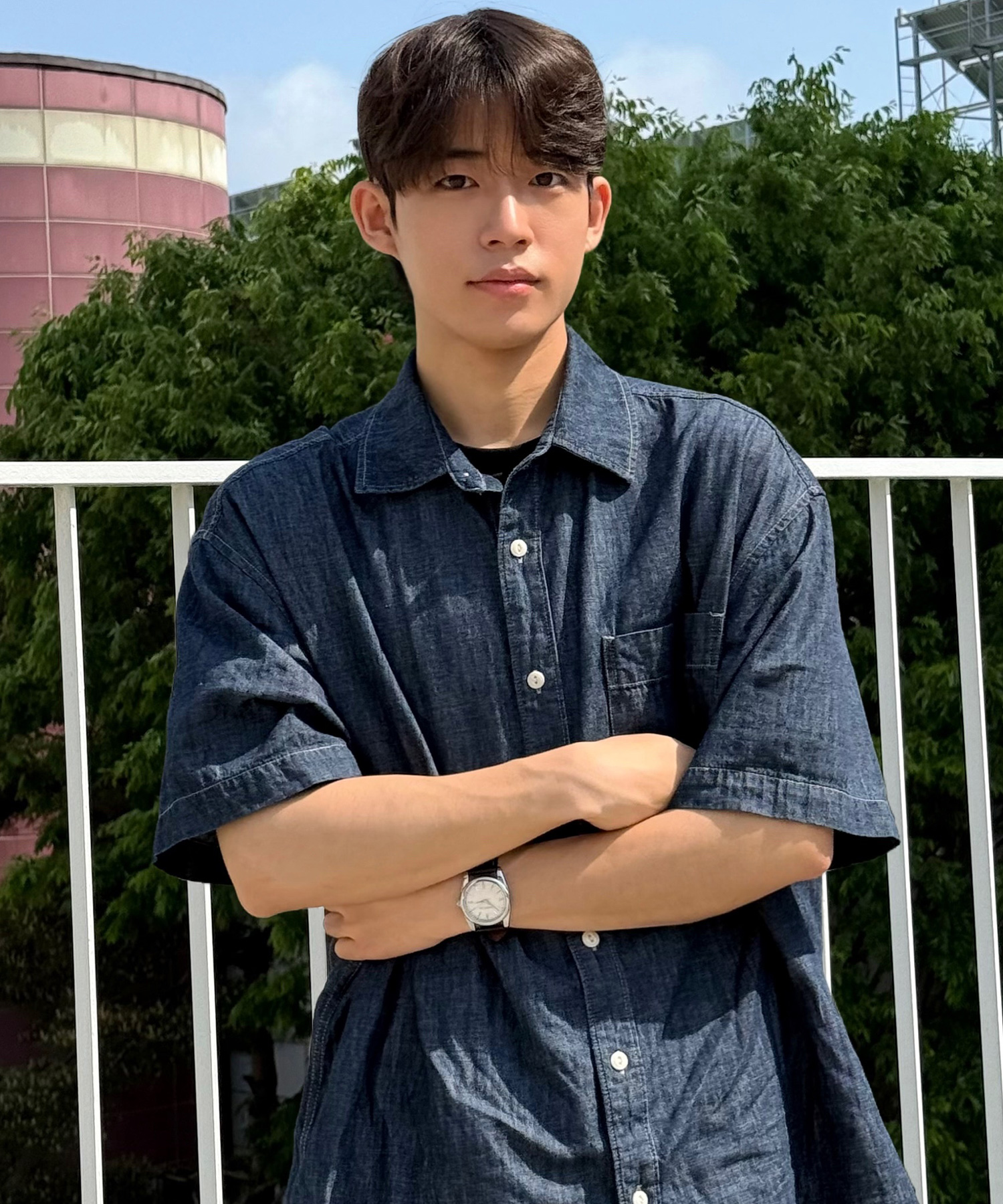 [ON]Stitch denim overfit daily short-sleeved shirt - 2color