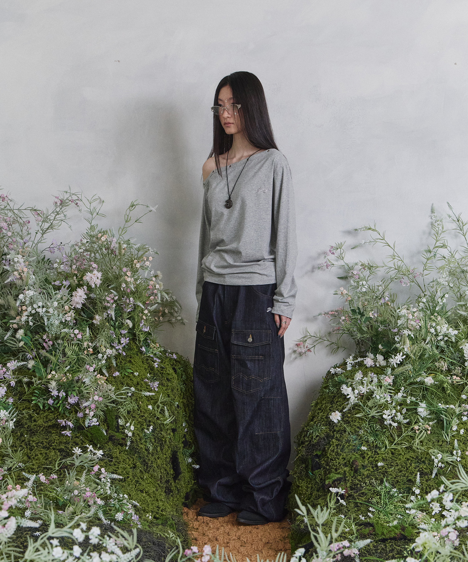 Songi Songi x Tansan One-Shoulder Eyelet лонгслив (Grey)