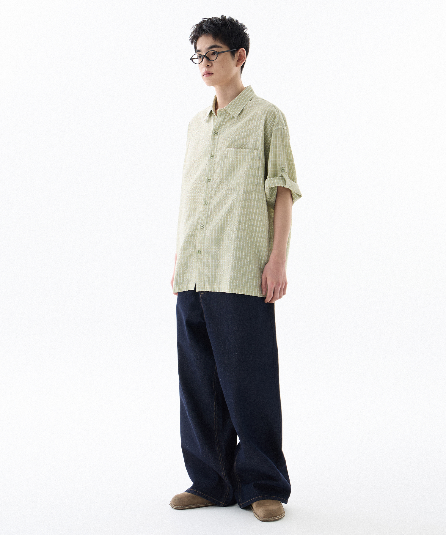 Roll Up Check Half Shirt-Light Green
