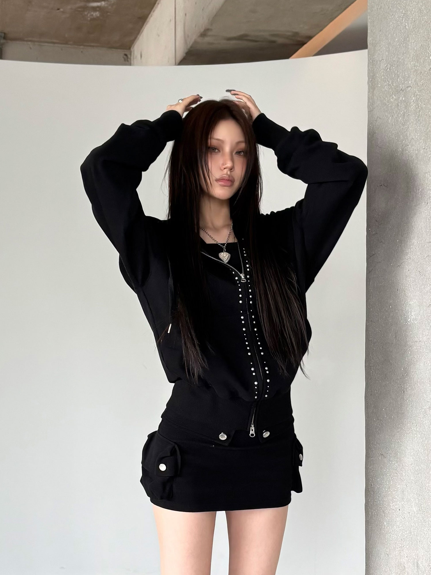 EUCT Hotfix Rhinestone Hood Zip Up - BLACK