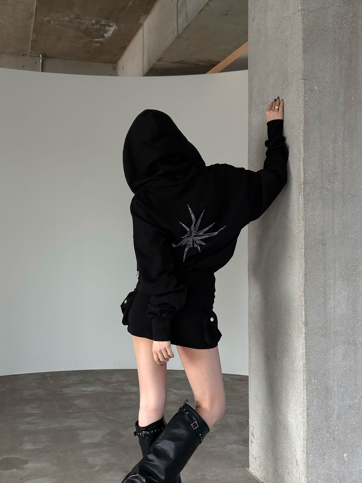 EUCT Hotfix Rhinestone Hood Zip Up - BLACK