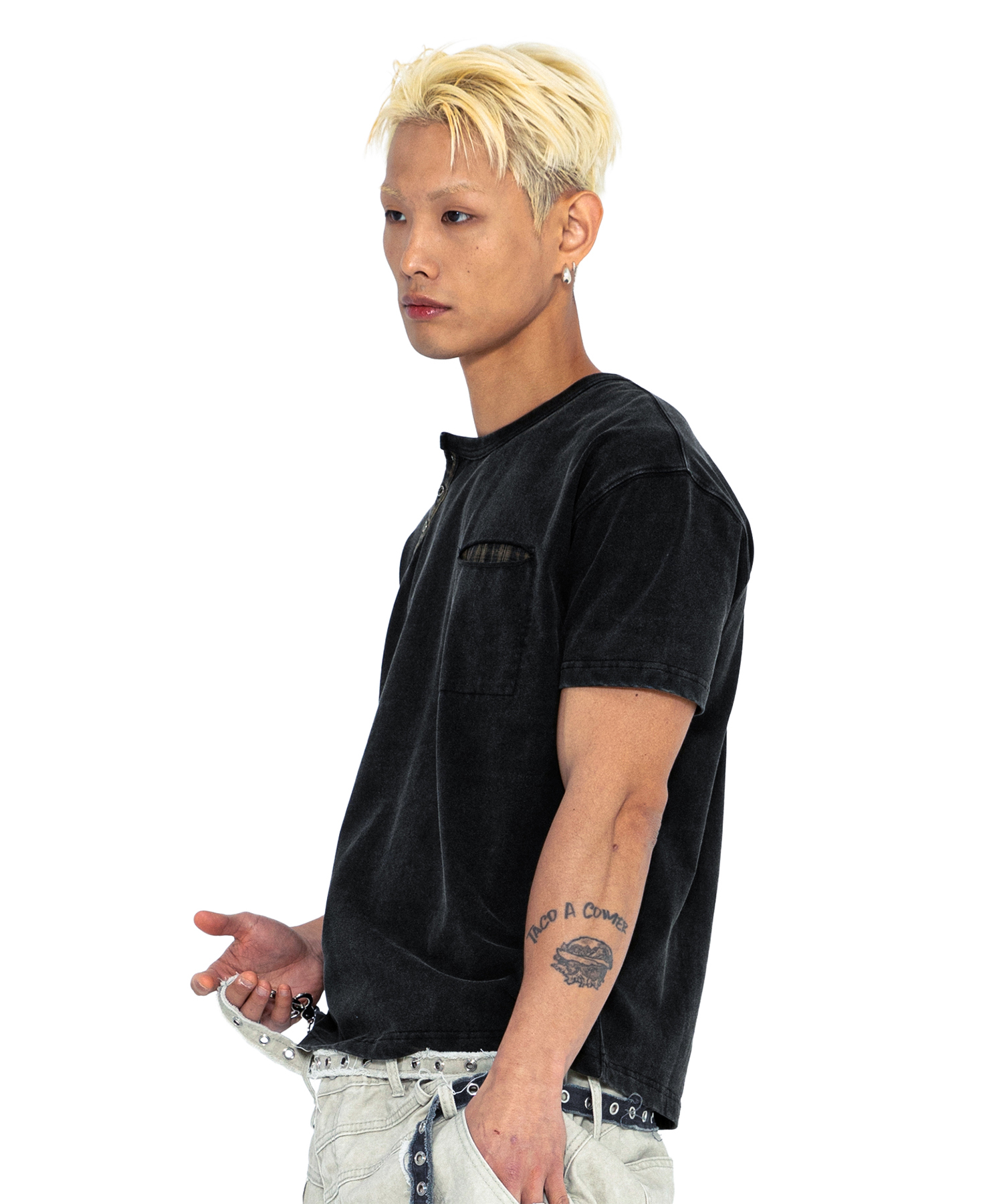 Укороченная футболка хенли в клетку XTT154 (BLACK)