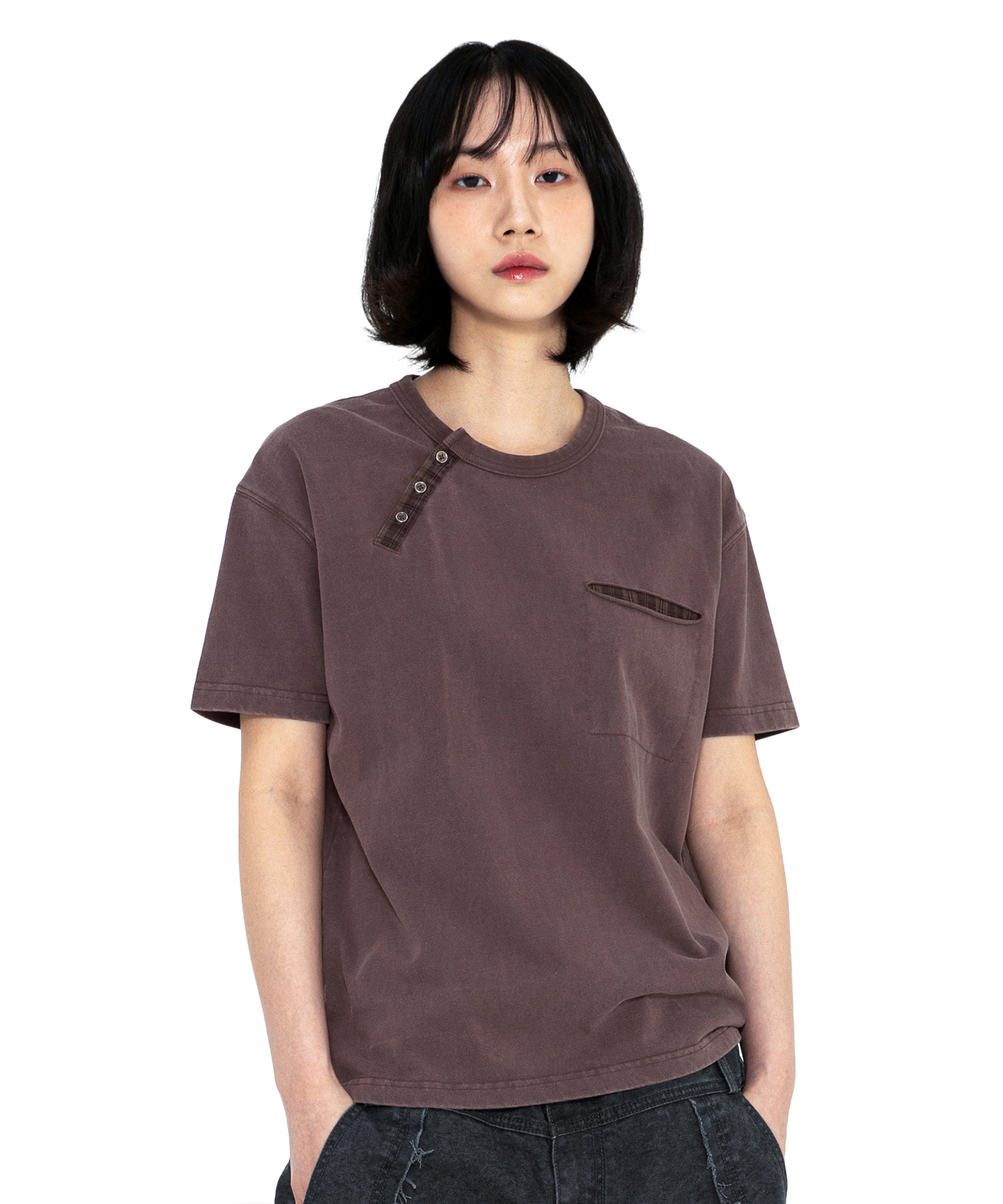 Укороченная футболка XTT154 в клетку с вырезом хенли (Purple/Brown)