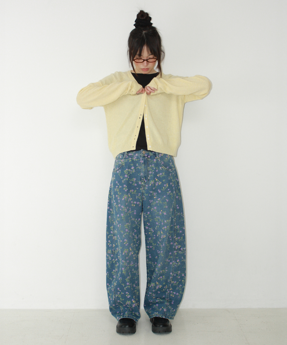 BALLOON FIT FLORAL DENIM PANTS MEDIUM BLUE