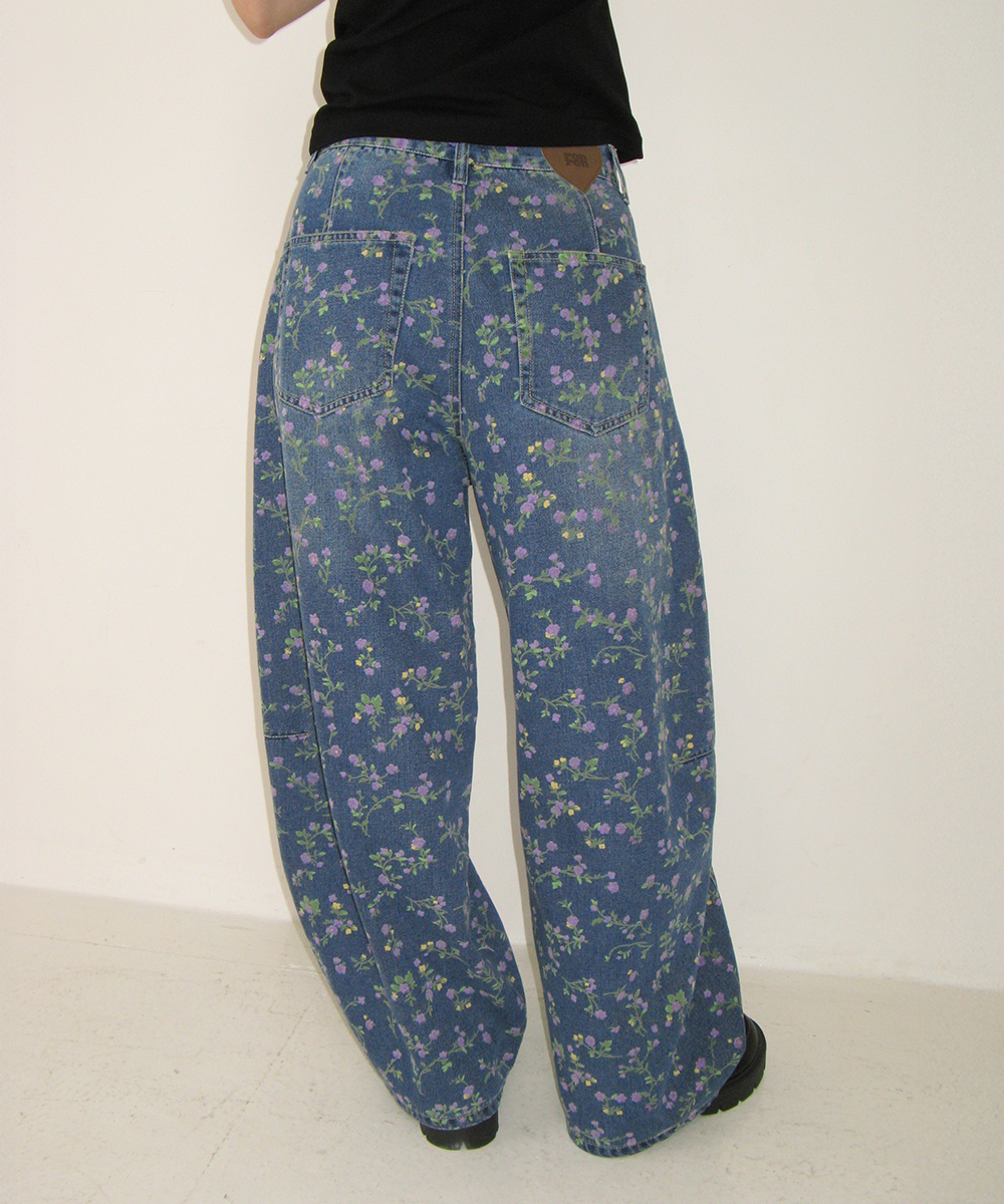 BALLOON FIT FLORAL DENIM PANTS MEDIUM BLUE