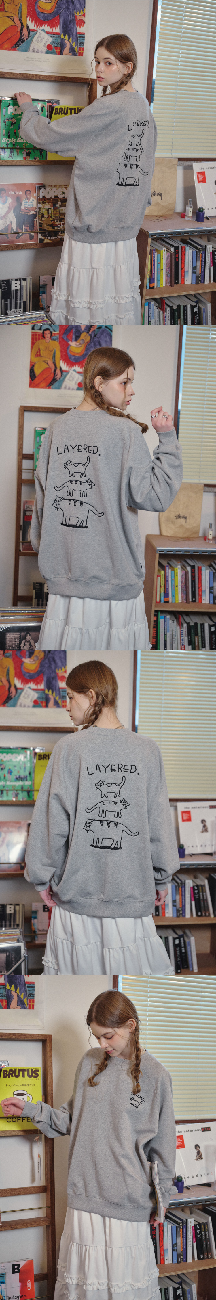 LAYERED CAT EMBROIDERY SWEATSHIRT - 2 COLORS GREY