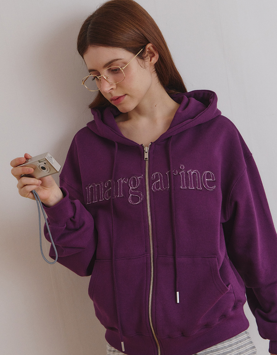MARGARINE APPLIQUE TWO-WAY ZIP-UP HOODIE - 5 COLORS PURPLE