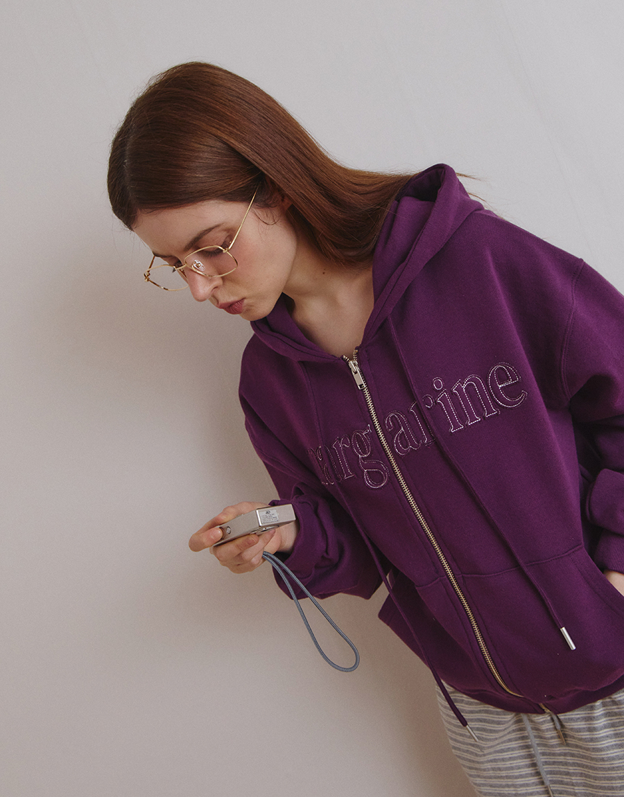 MARGARINE APPLIQUE TWO-WAY ZIP-UP HOODIE - 5 COLORS PURPLE