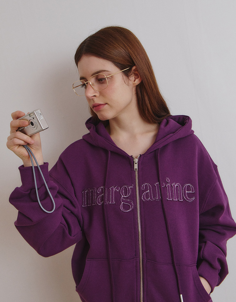 MARGARINE APPLIQUE TWO-WAY ZIP-UP HOODIE - 5 COLORS PURPLE