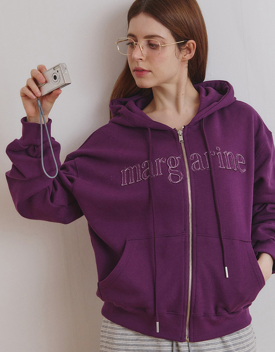 MARGARINE APPLIQUE TWO-WAY ZIP-UP HOODIE - 5 COLORS PURPLE