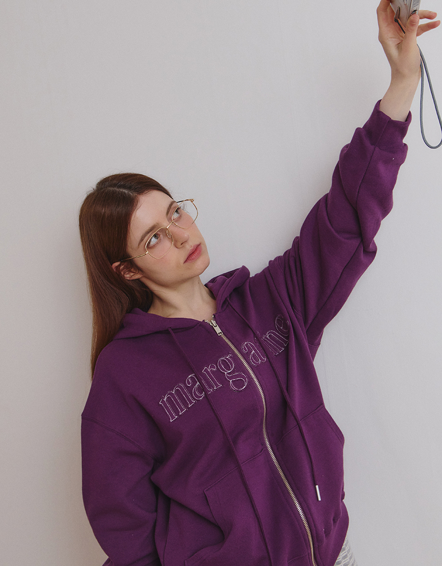 MARGARINE APPLIQUE TWO-WAY ZIP-UP HOODIE - 5 COLORS PURPLE