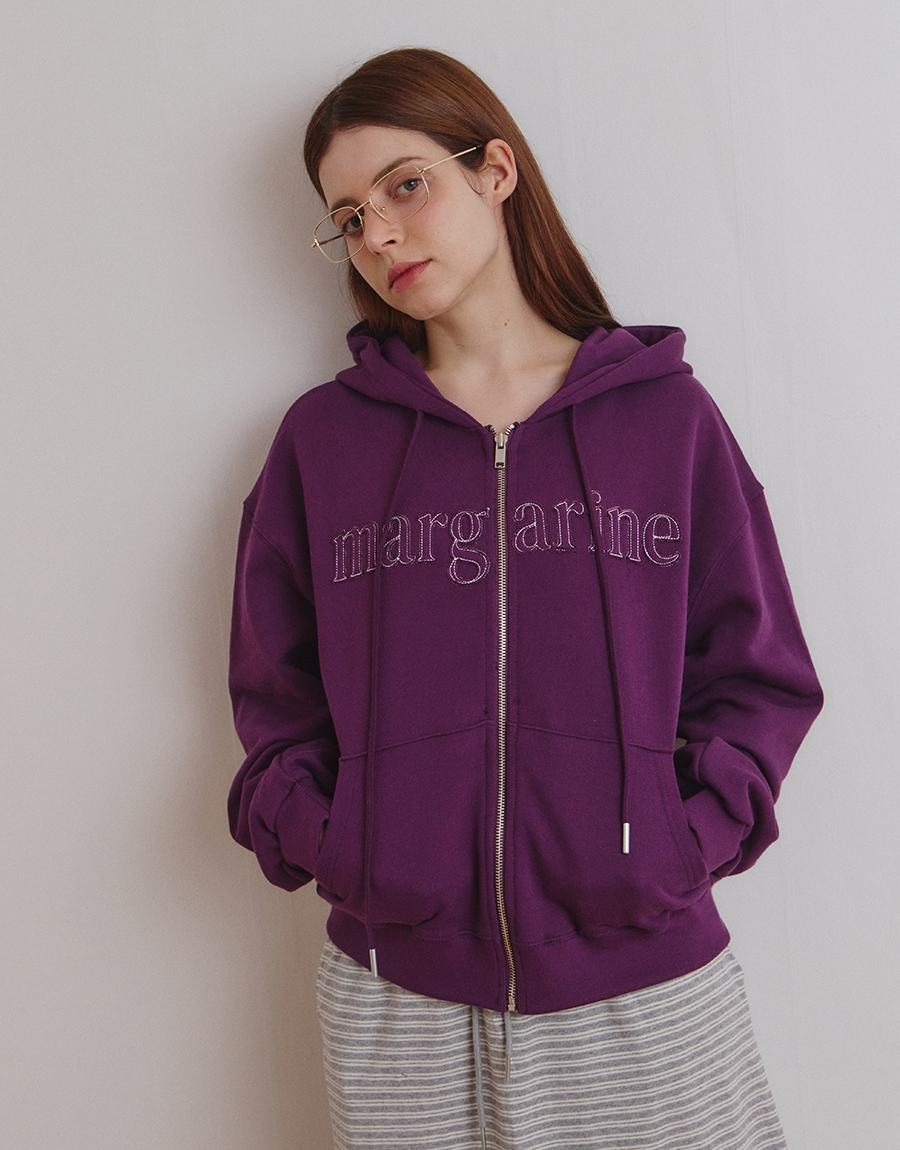 MARGARINE APPLIQUE TWO-WAY ZIP-UP HOODIE - 5 COLORS PURPLE
