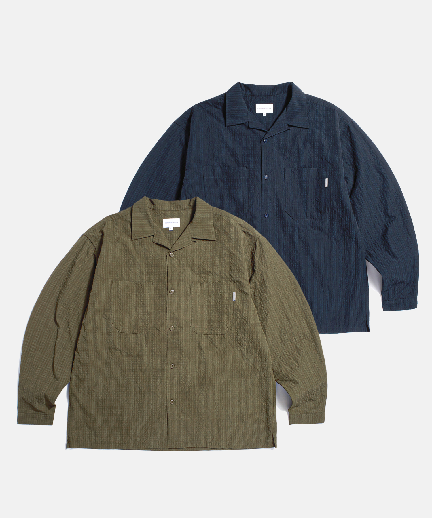 Checked Seersucker Open Collar Shirt Navy
