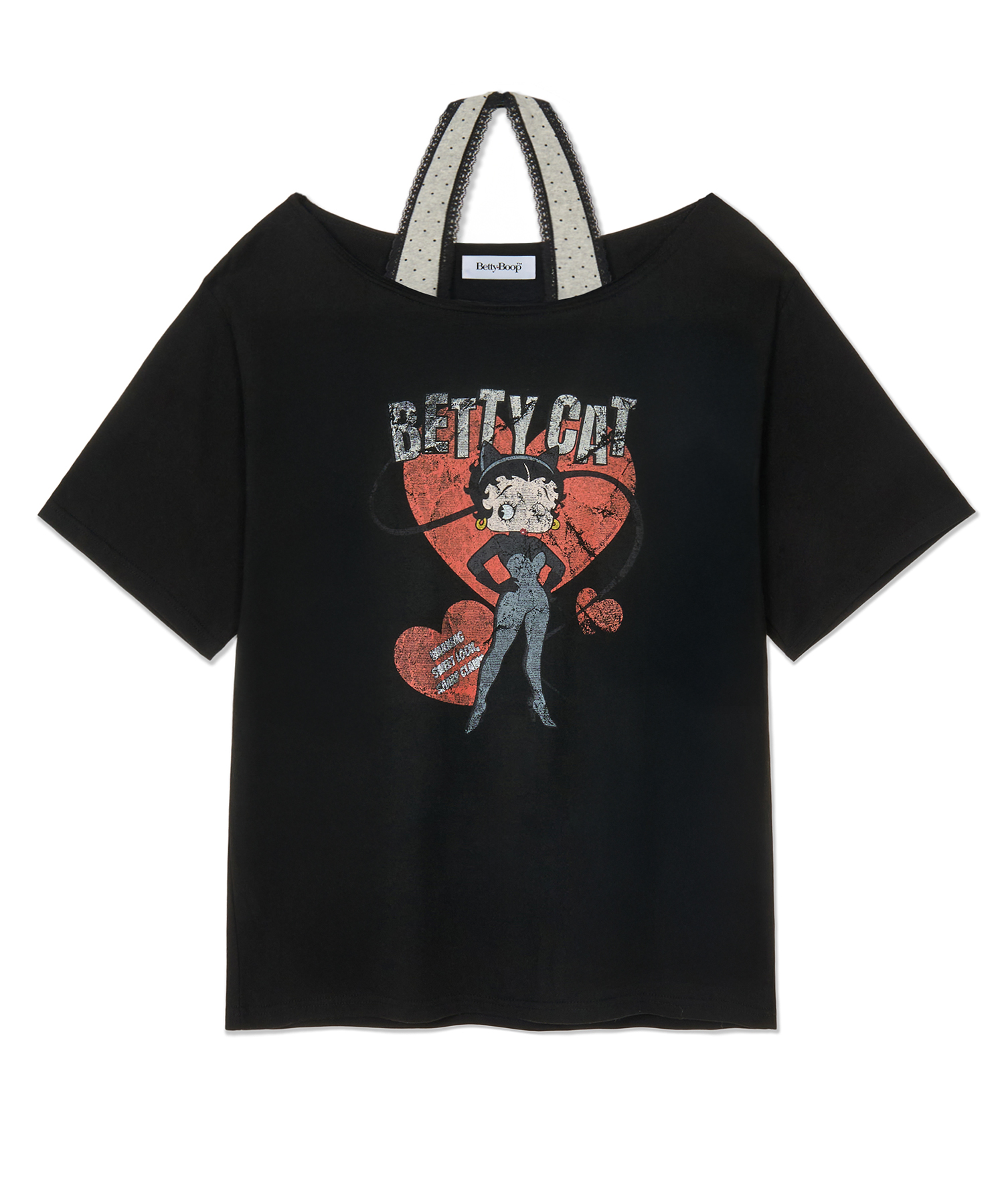 [SET] BETTY BOOP Betty Cat Halter Off-Shoulder T-Shirt_Black
