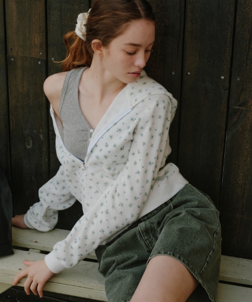 flower pattern hood zip up - ivory