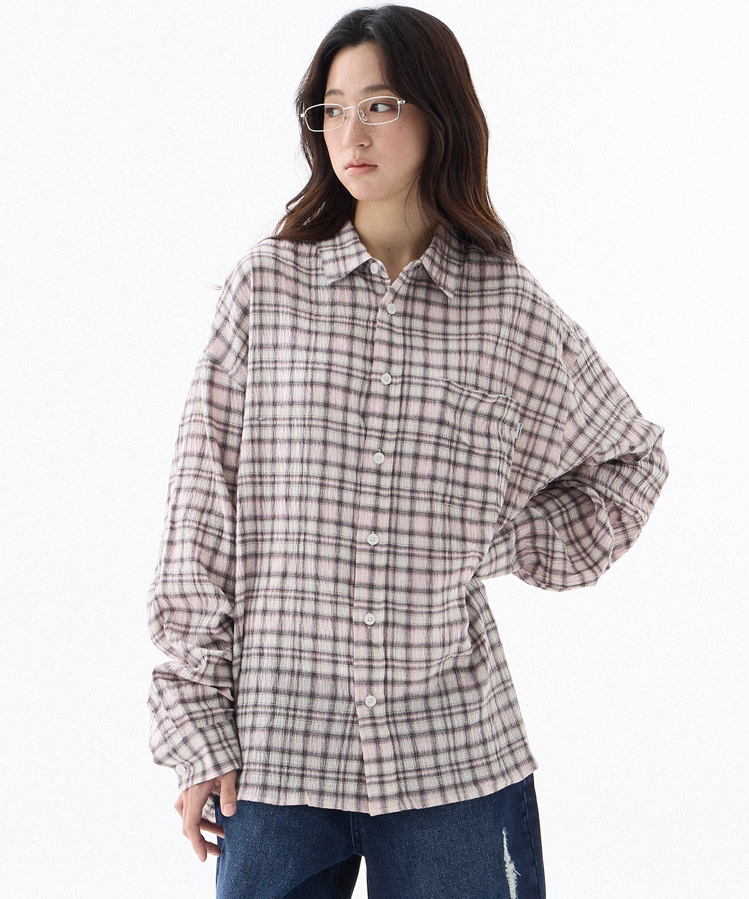 Pastel Check Wrinkle Shirt-Pink