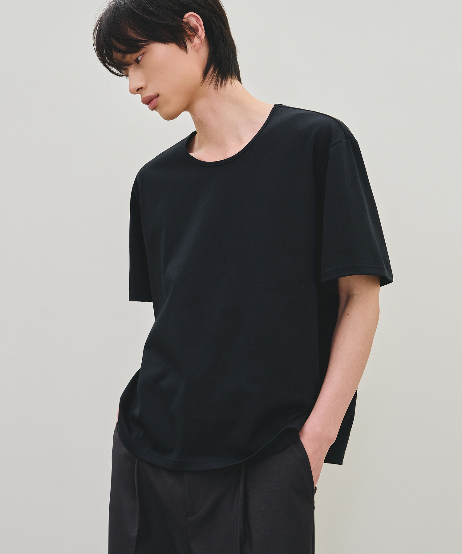 SUPIMA COTTON U-NECK CROP HALF T-SHIRT [ 3 COLOR ]