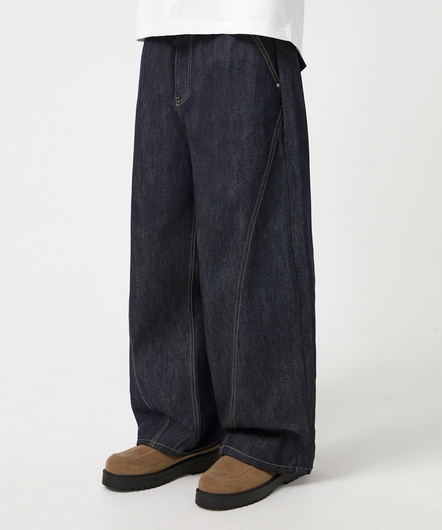 CURVED INCISION WIDE RAW DENIM PANTS_INDIGO