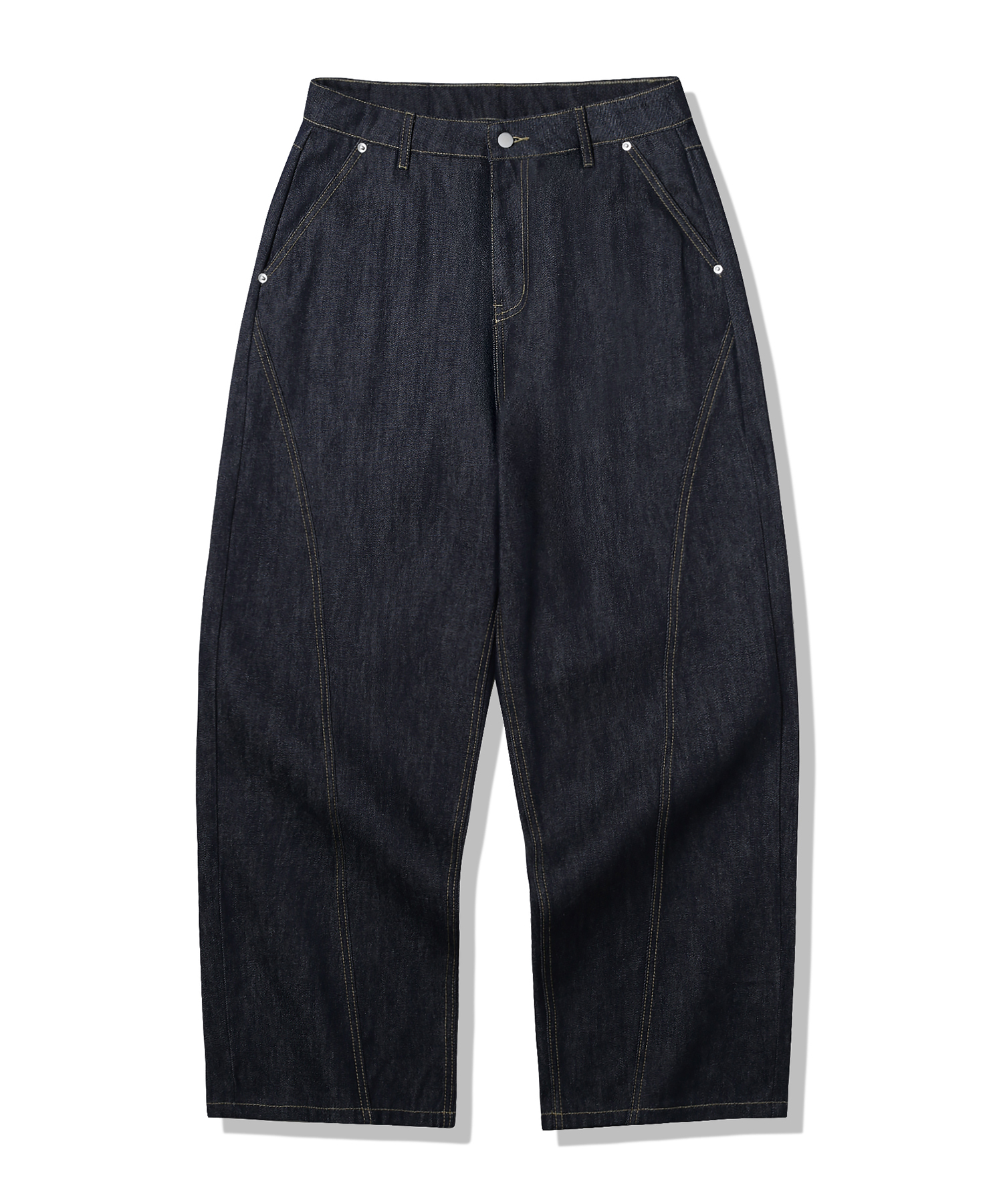 CURVED INCISION WIDE RAW DENIM PANTS_INDIGO