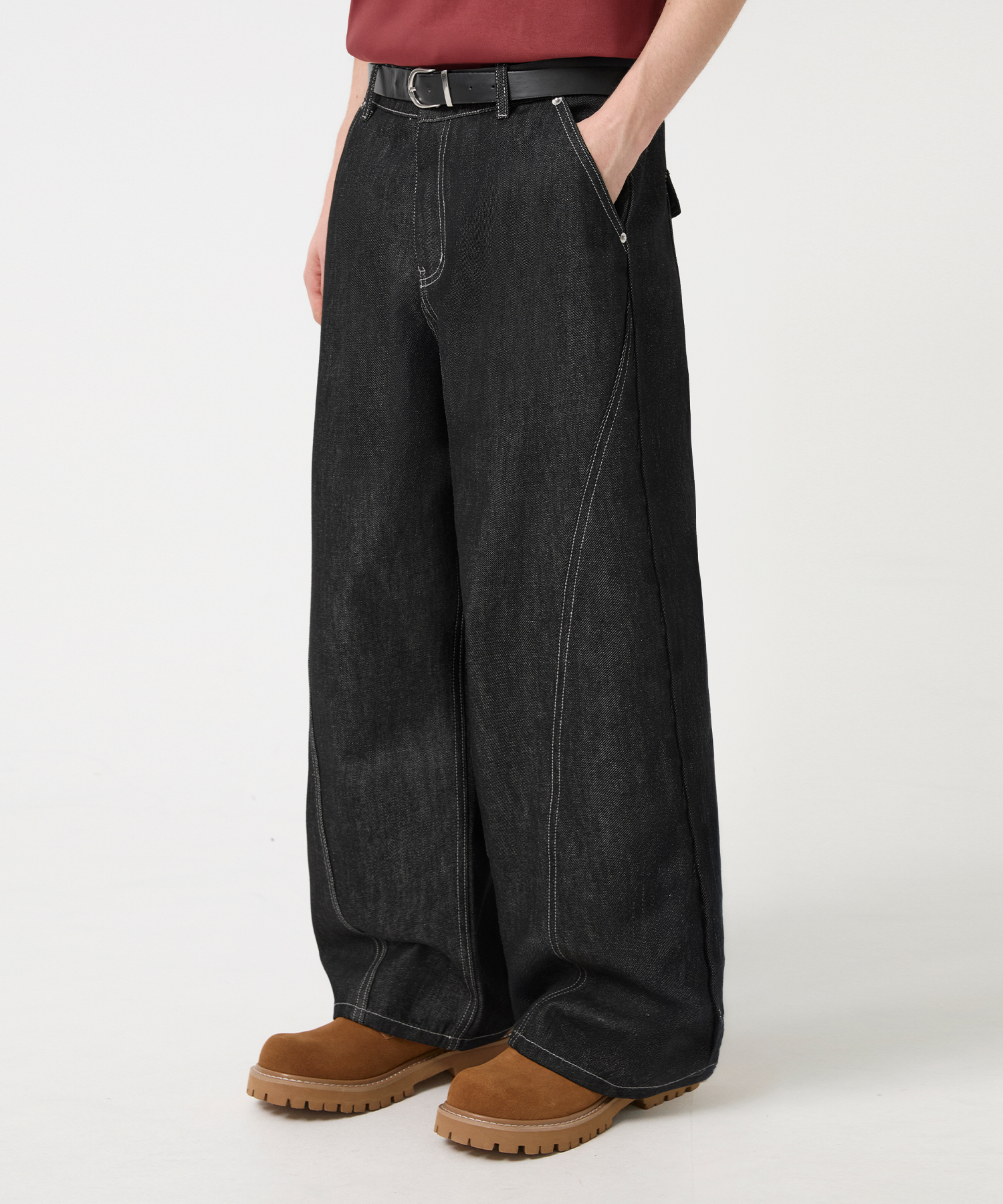 CURVED INCISION WIDE RAW DENIM PANTS_BLACK