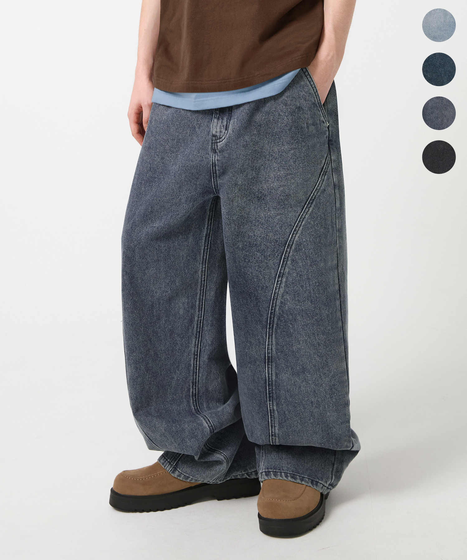 CURVED FIT WIDE INCISION WASHING DENIM PANTS_4color