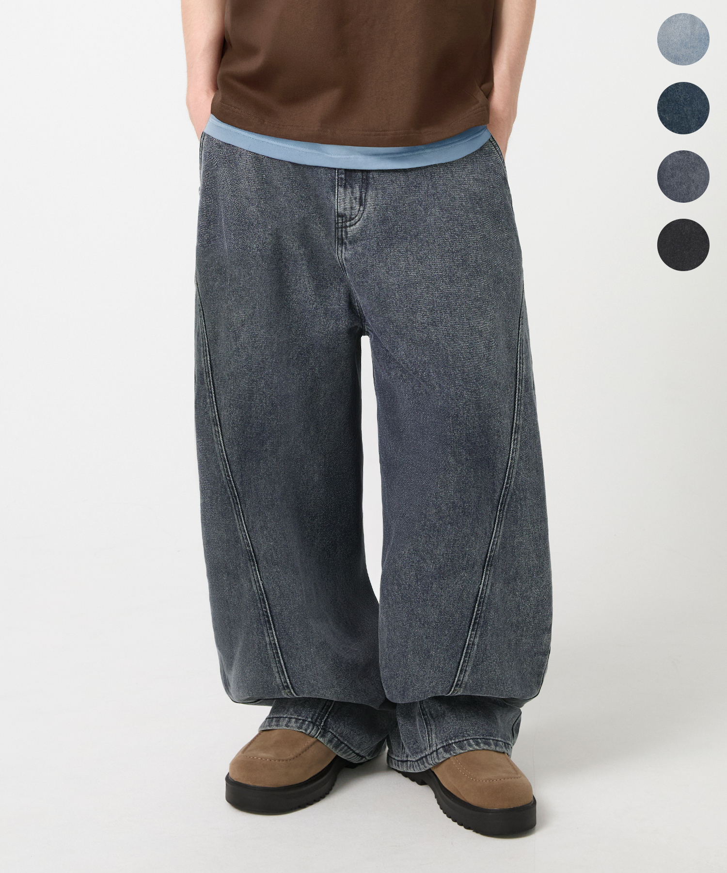 CURVED FIT WIDE INCISION WASHING DENIM PANTS_4color