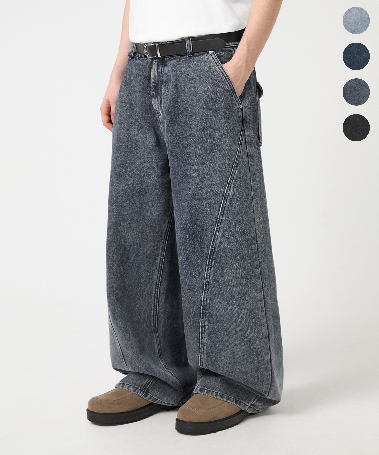 CURVED FIT WIDE INCISION WASHING DENIM PANTS_4color