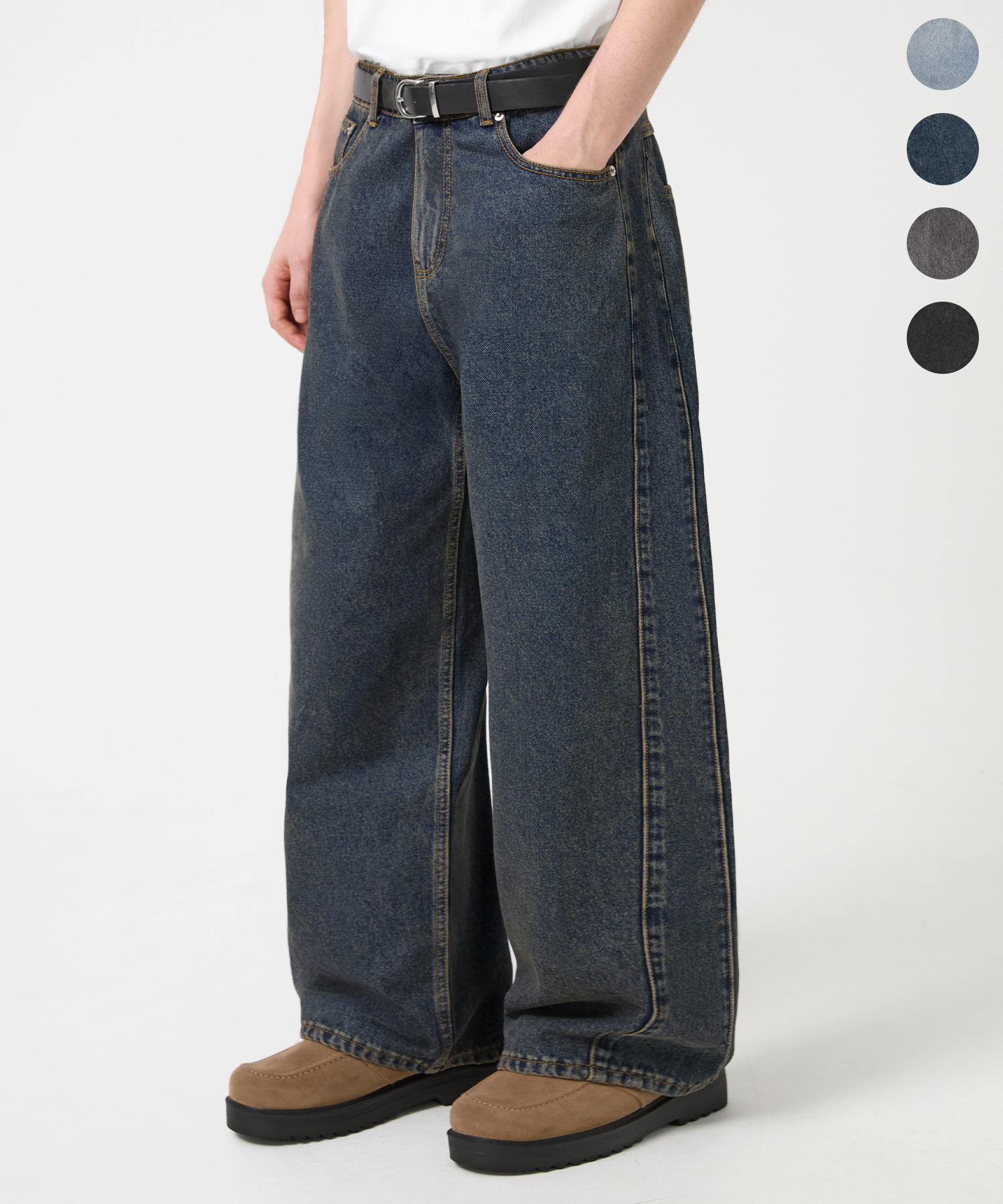 SIDE PANEL CURVED FIT WASHED DENIM PANTS_4color