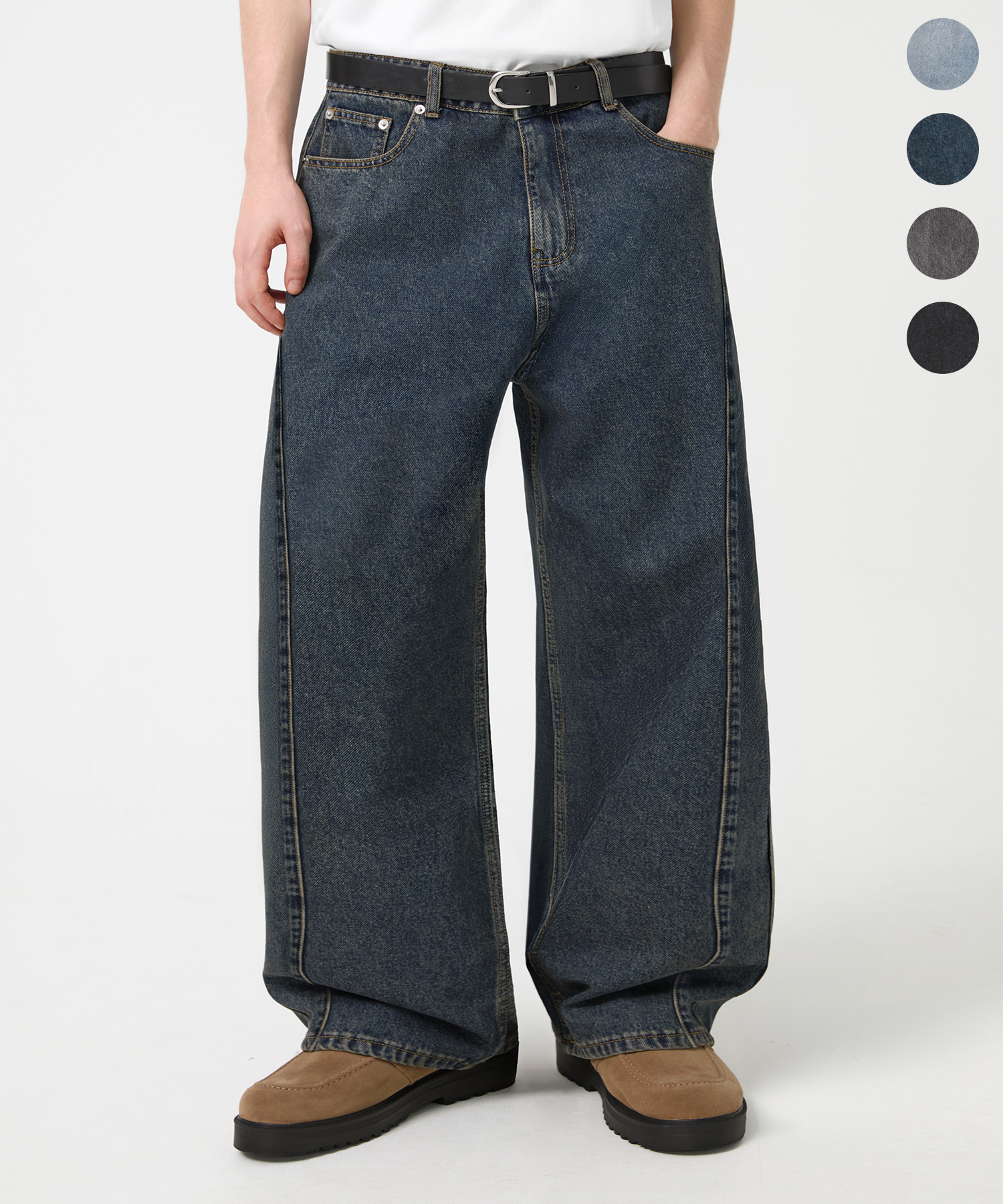 SIDE PANEL CURVED FIT WASHED DENIM PANTS_4color
