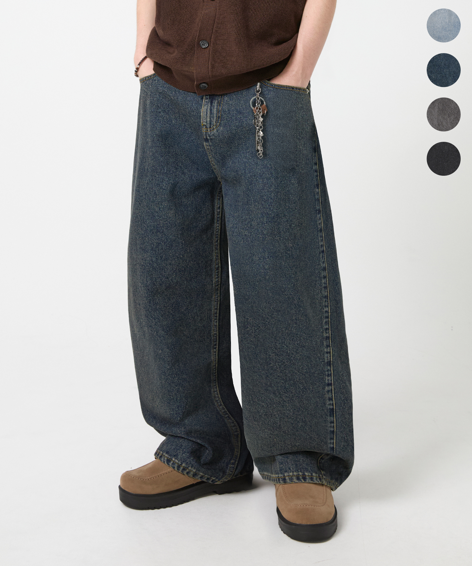 SIDE PANEL CURVED FIT WASHED DENIM PANTS_4color