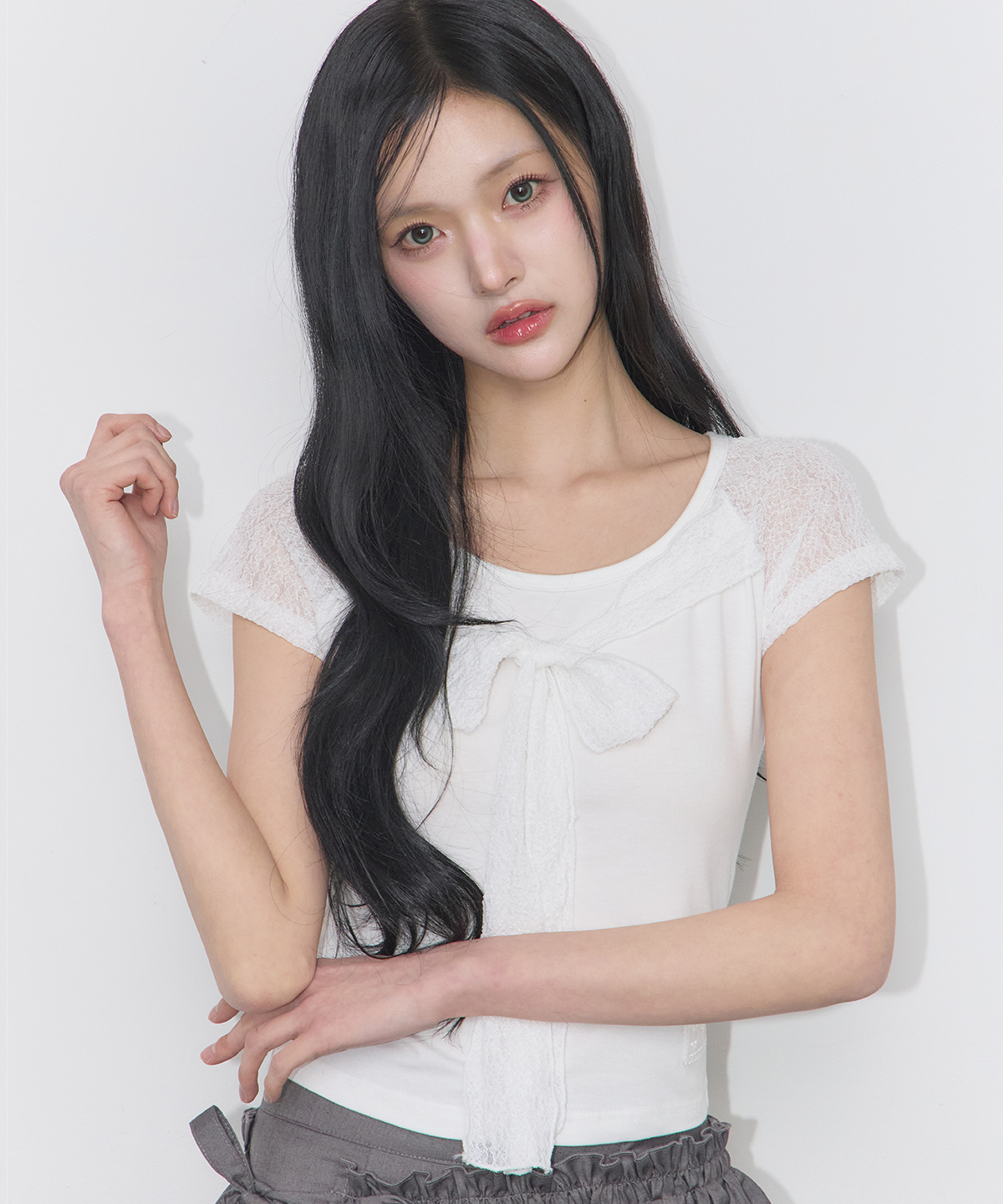 LACE RIBBON COLOR-BLOCK T-SHIRT WHITE