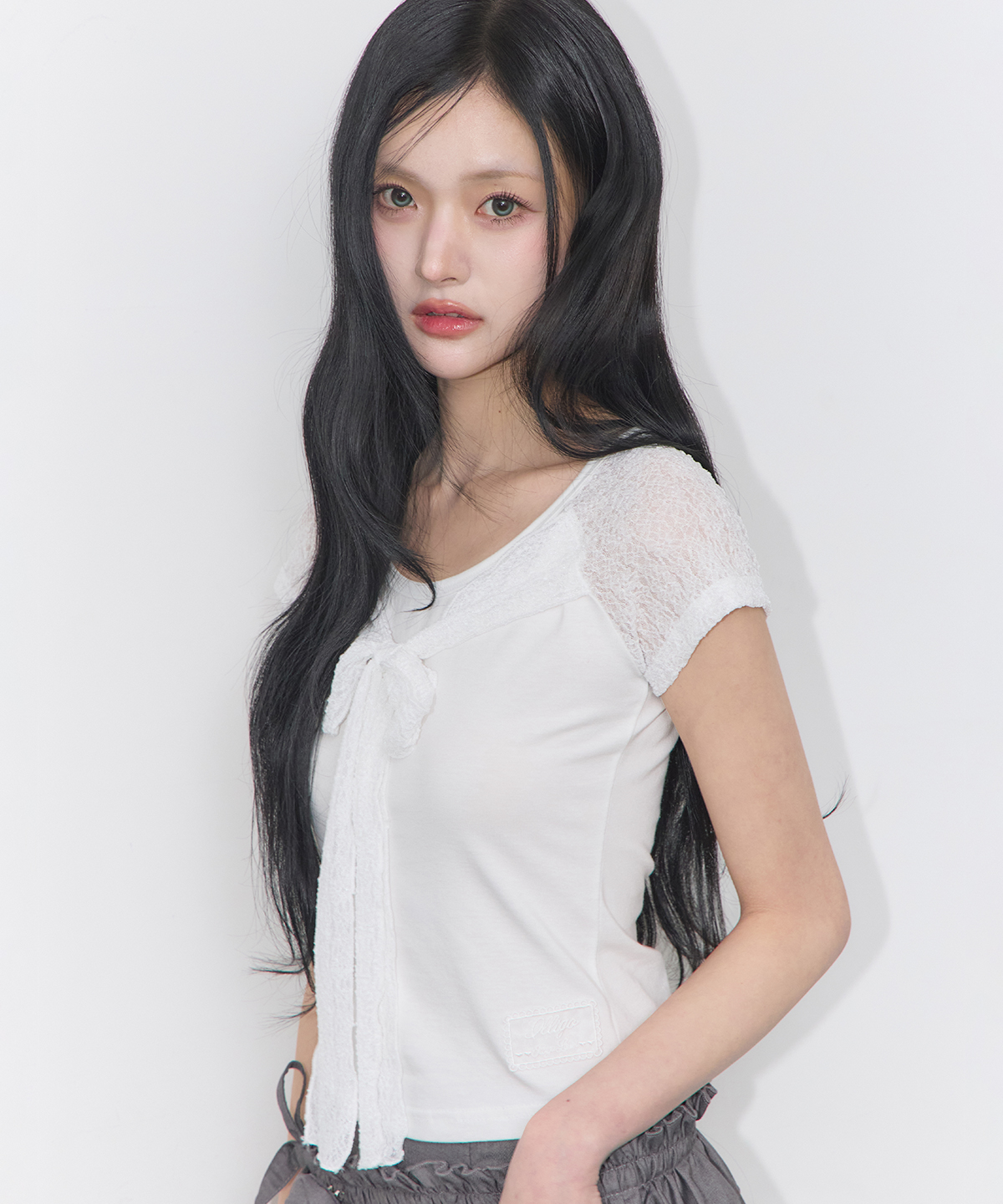 LACE RIBBON COLOR-BLOCK T-SHIRT WHITE