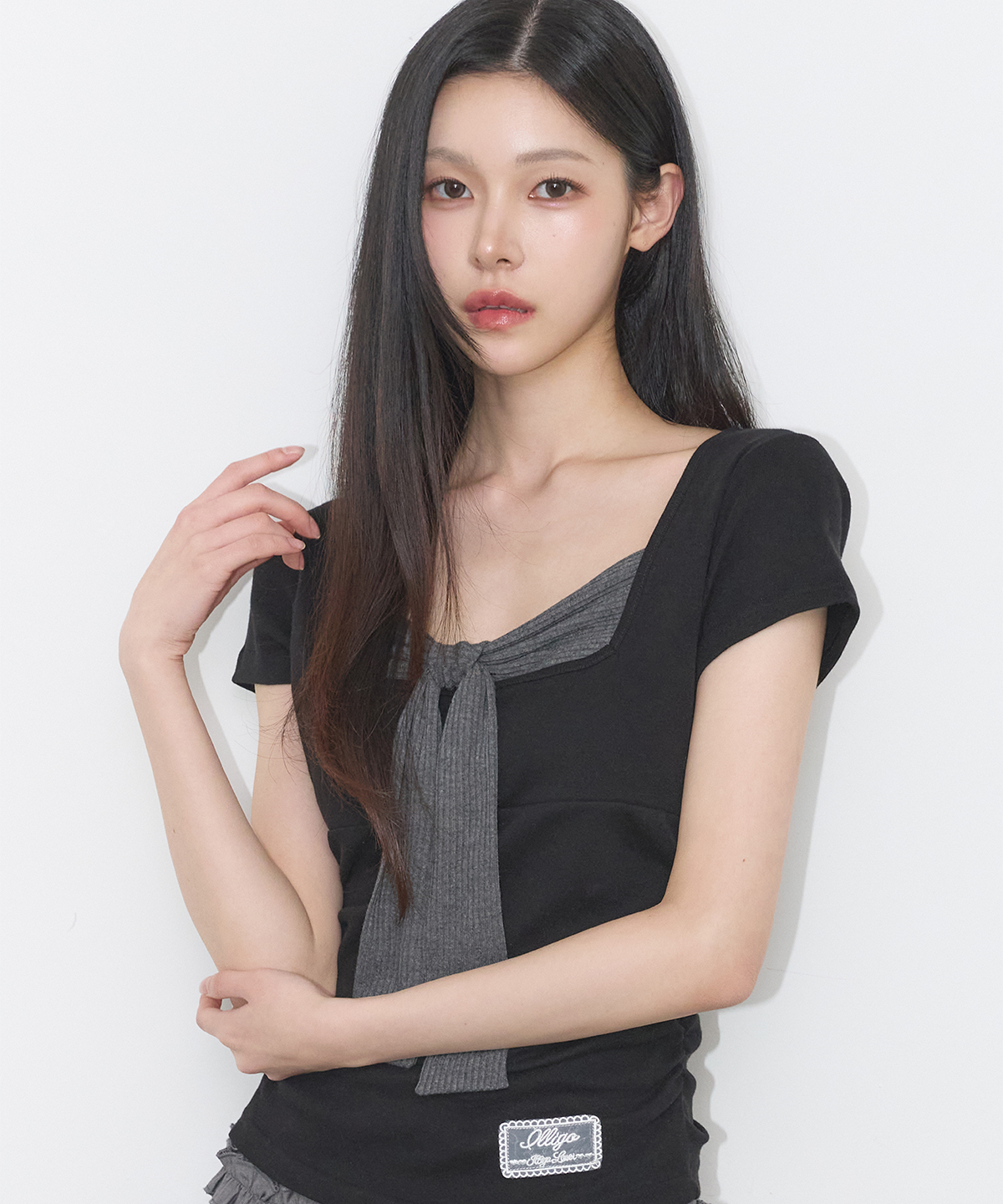LAYERED RIBBON TIE T-SHIRT BLACK