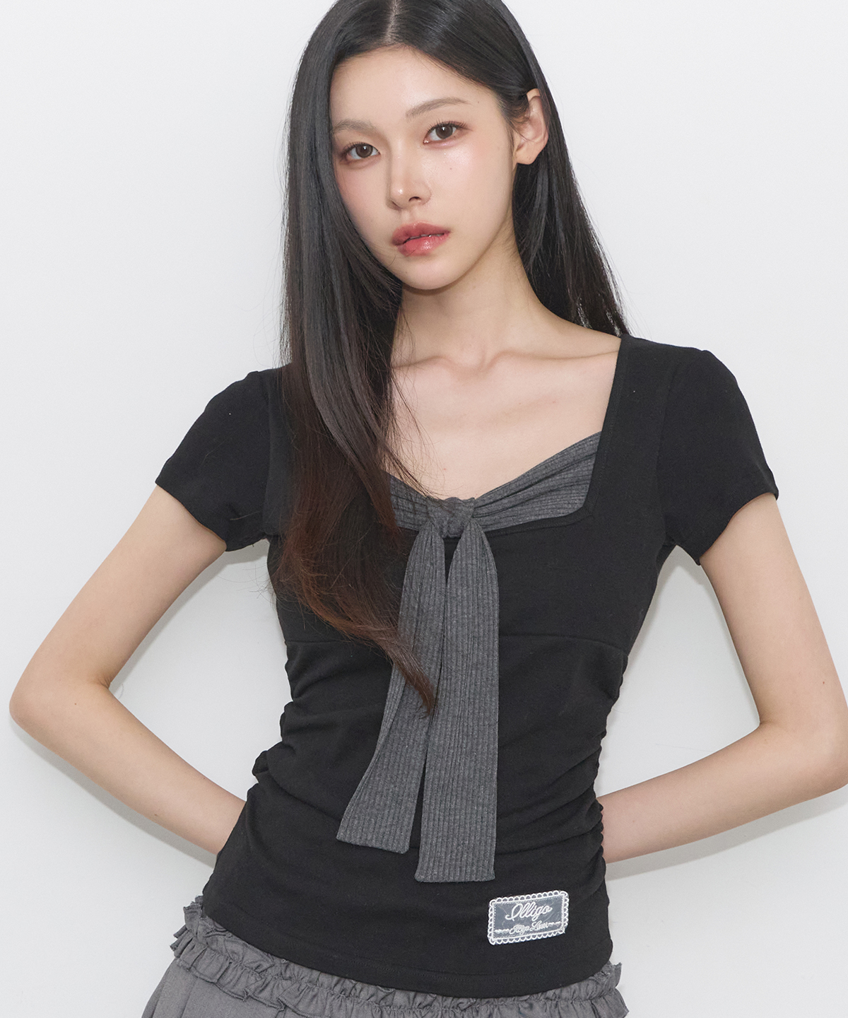 LAYERED RIBBON TIE T-SHIRT BLACK
