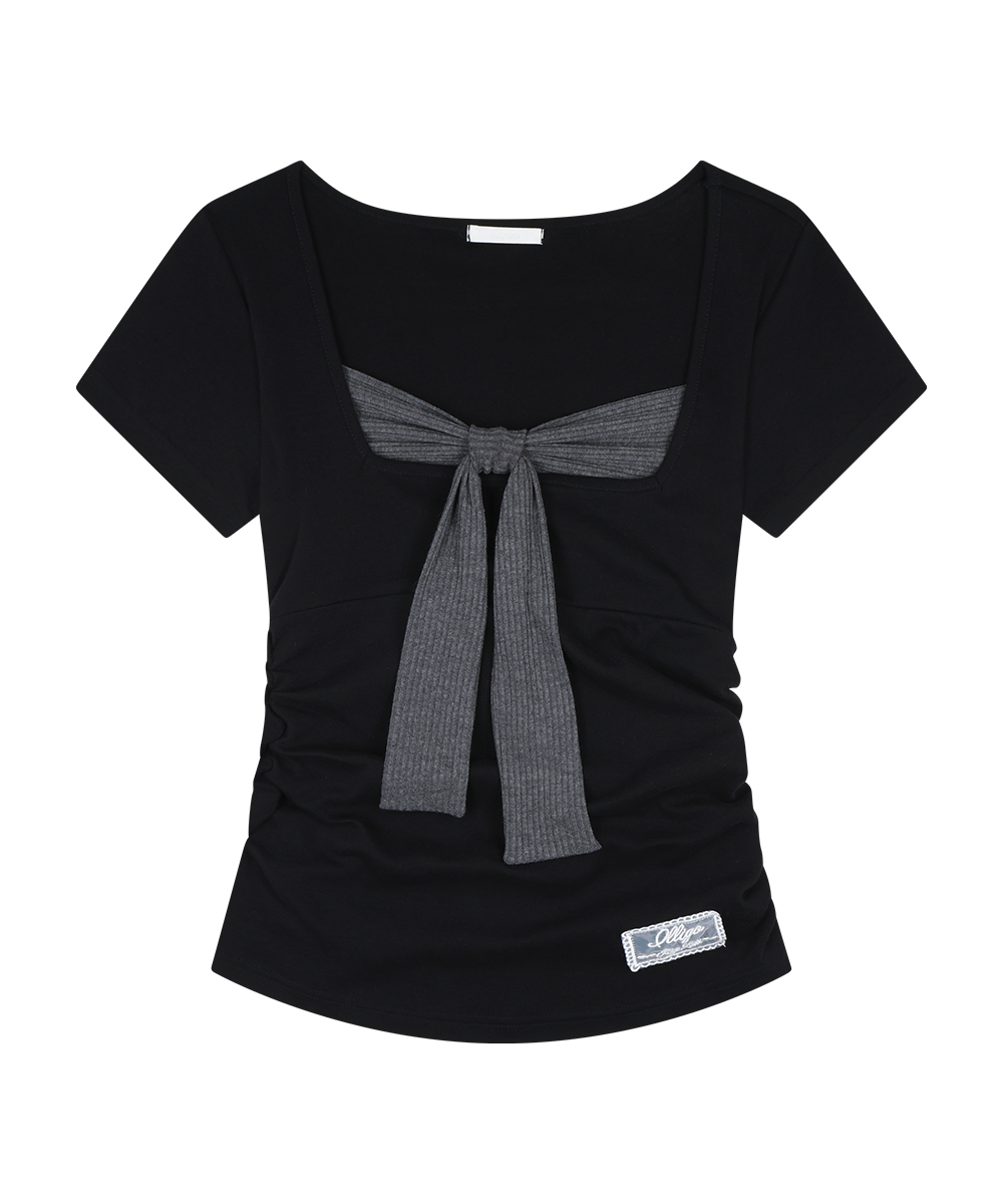 LAYERED RIBBON TIE T-SHIRT BLACK