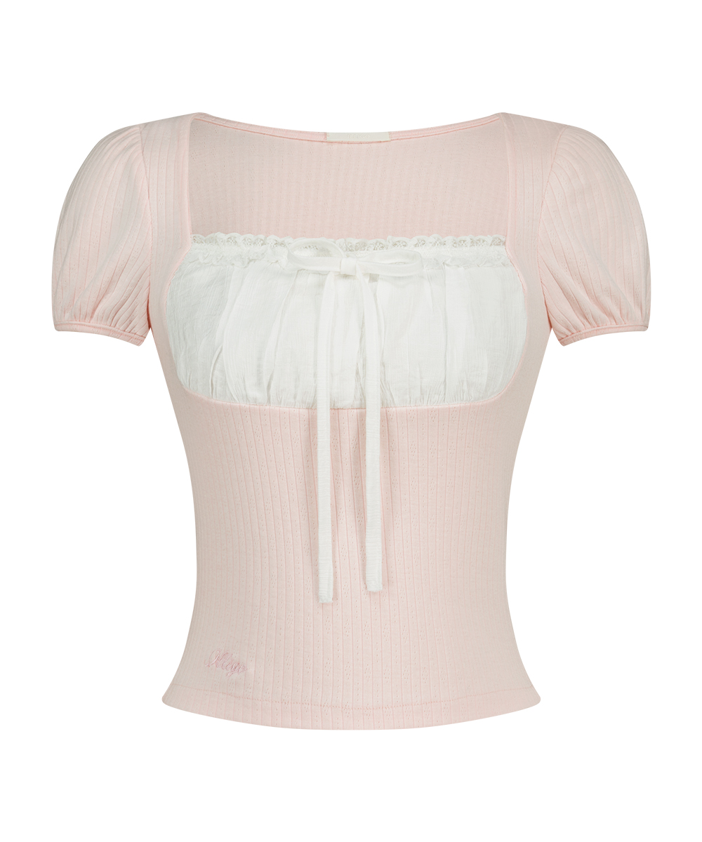 ROSY LACE SQUARE-NECK T-SHIRT PINK