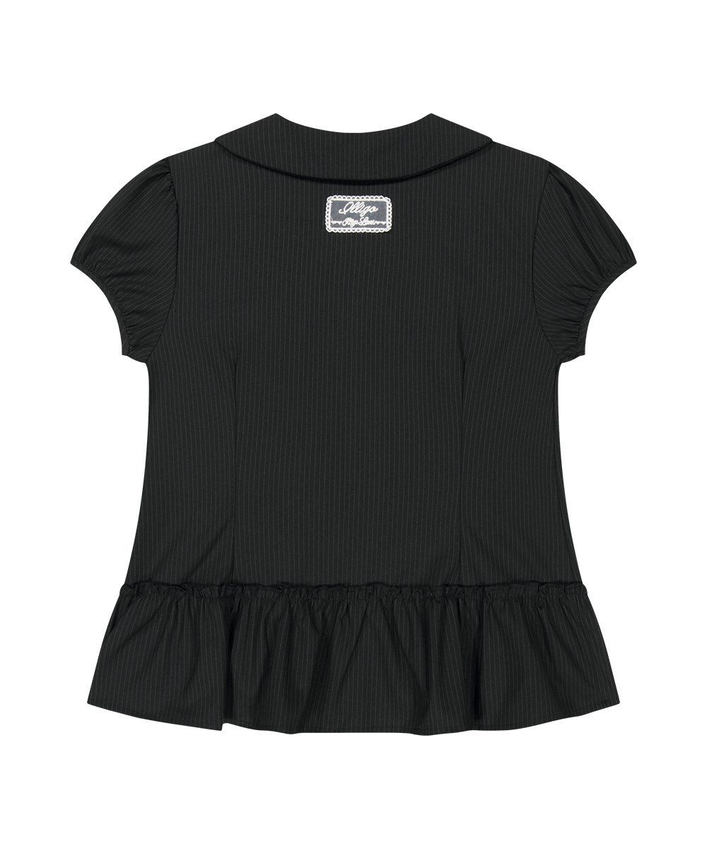 BOW POCKET RUFFLE BLOUSE STRIPE BLACK