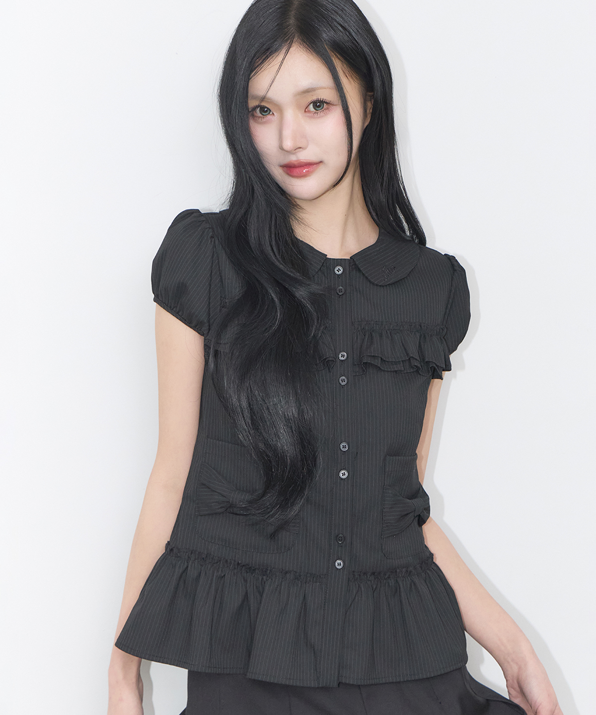 BOW POCKET RUFFLE BLOUSE STRIPE BLACK