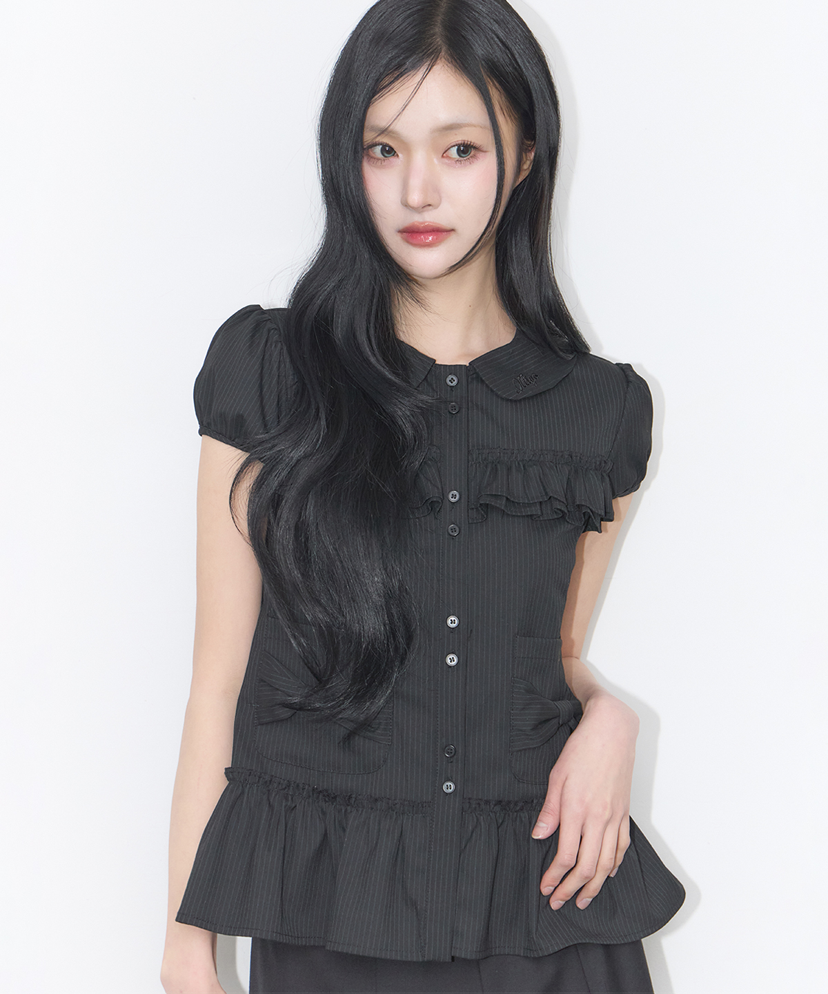 BOW POCKET RUFFLE BLOUSE STRIPE BLACK