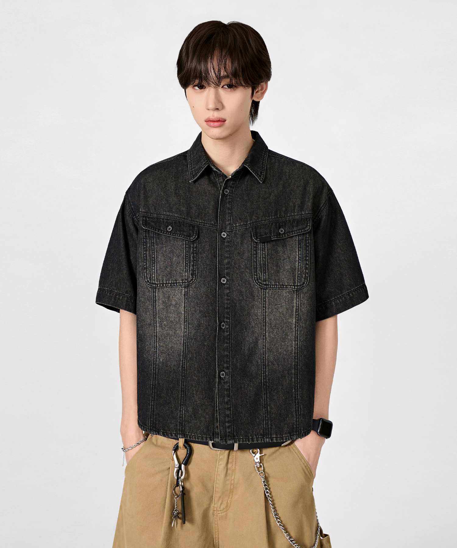 FADED WASHING DENIM TRUCKER HALF SHIRT_VINTAGE BLACK
