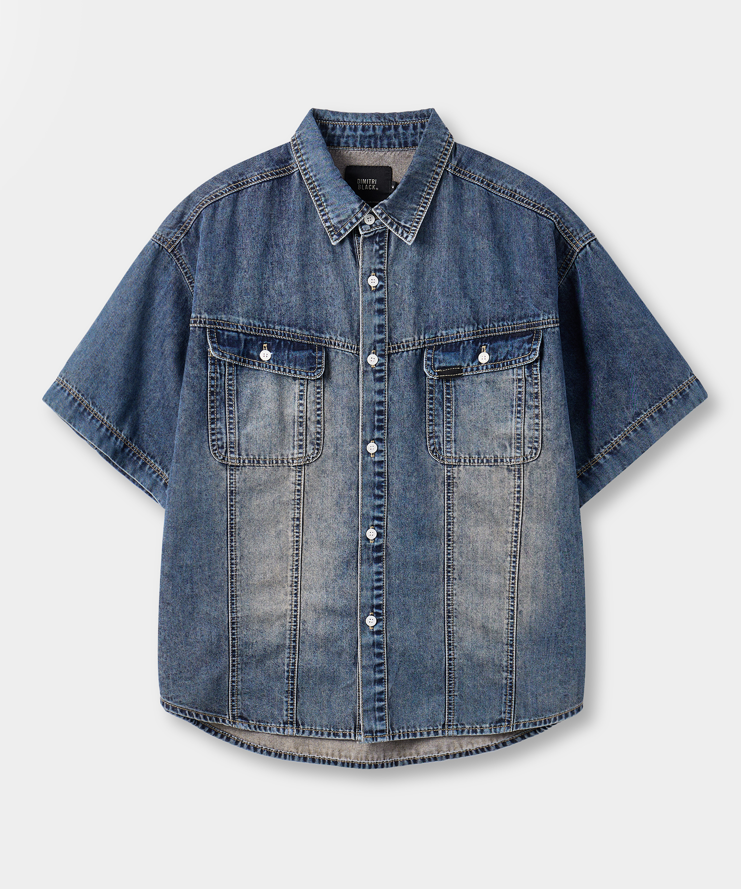 FADED WASHING DENIM TRUCKER HALF SHIRT_DUST INDIGO